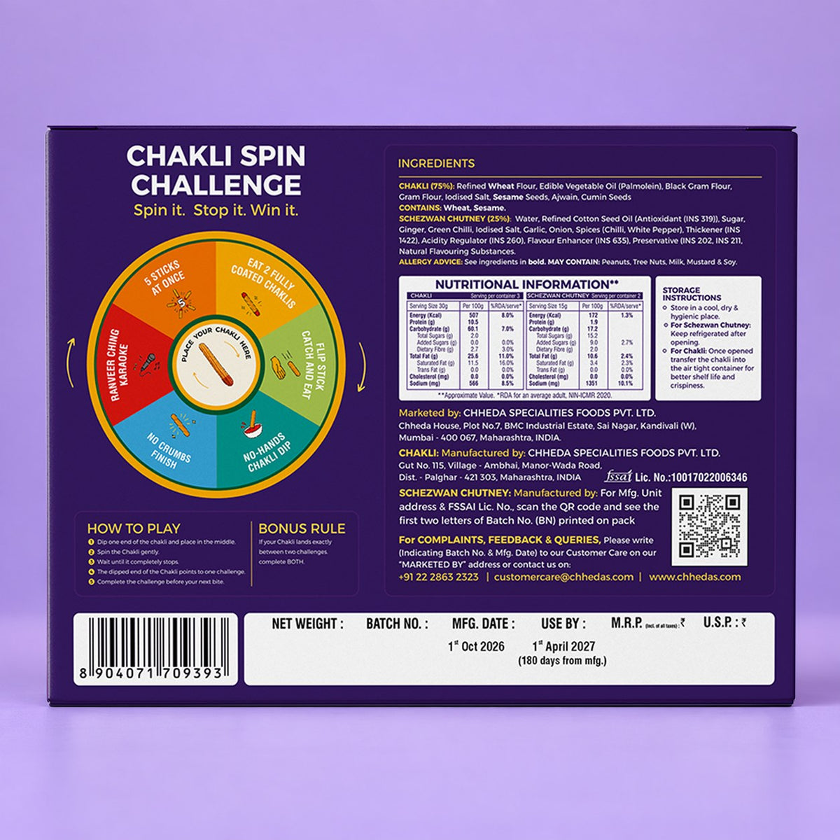Back of box: Chakli Spin Challenge, ingredients and nutrition