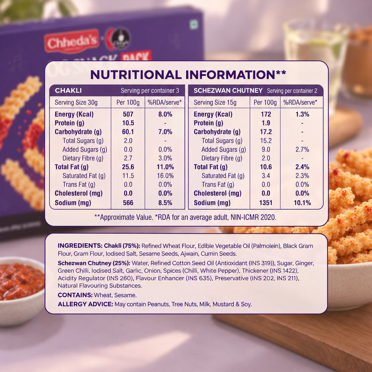 Nutritional information and ingredients for the chakli and Schezwan chutney