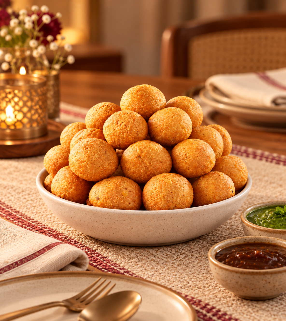 Chheda’s golden crispy kachori served with chutneys at a warm dinner table