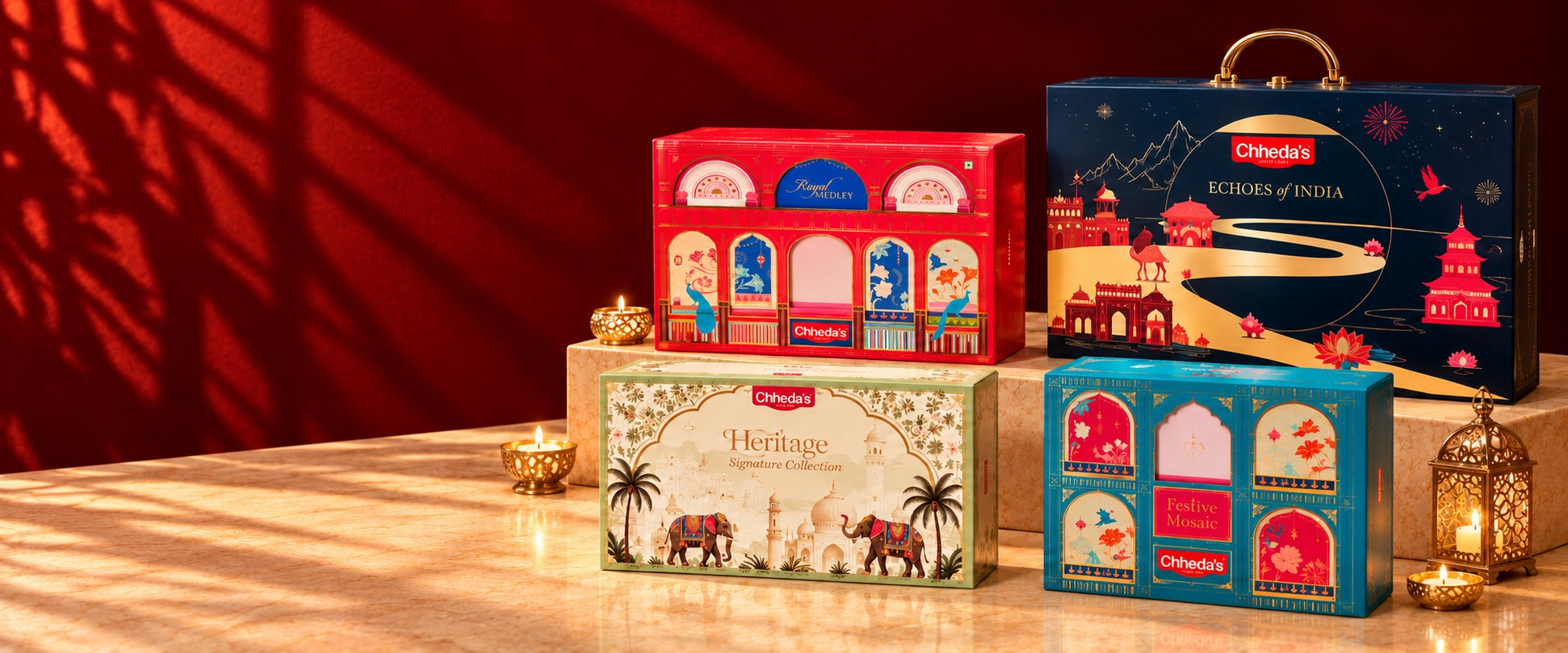 Chheda’s Diwali gift boxes: Royal Medley, Echoes of India, Heritage and Festive Mosaic
